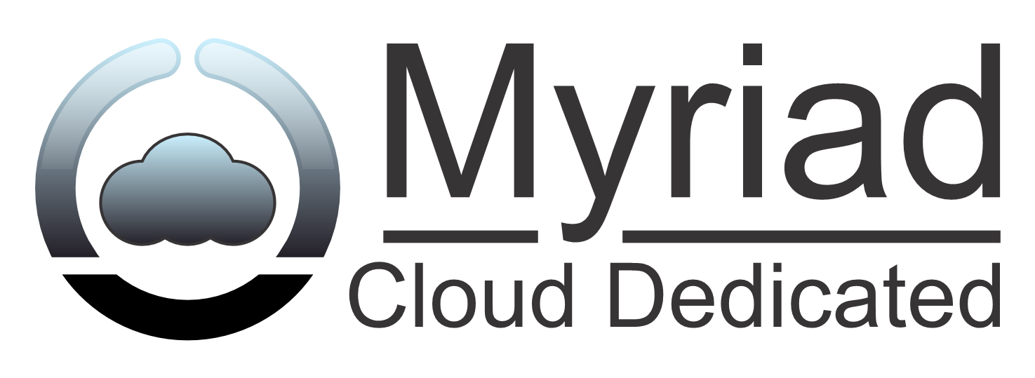 A logo for myriad cloud dedicated with a cloud in the middle