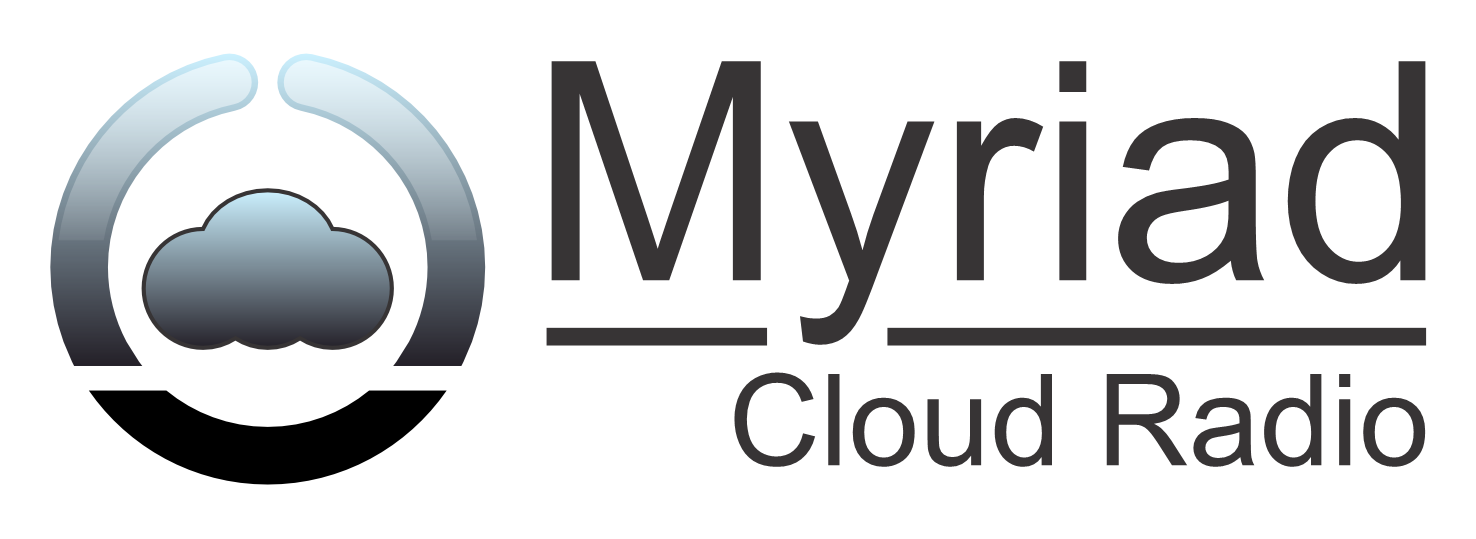 A logo for myriad cloud radio with a cloud in the middle