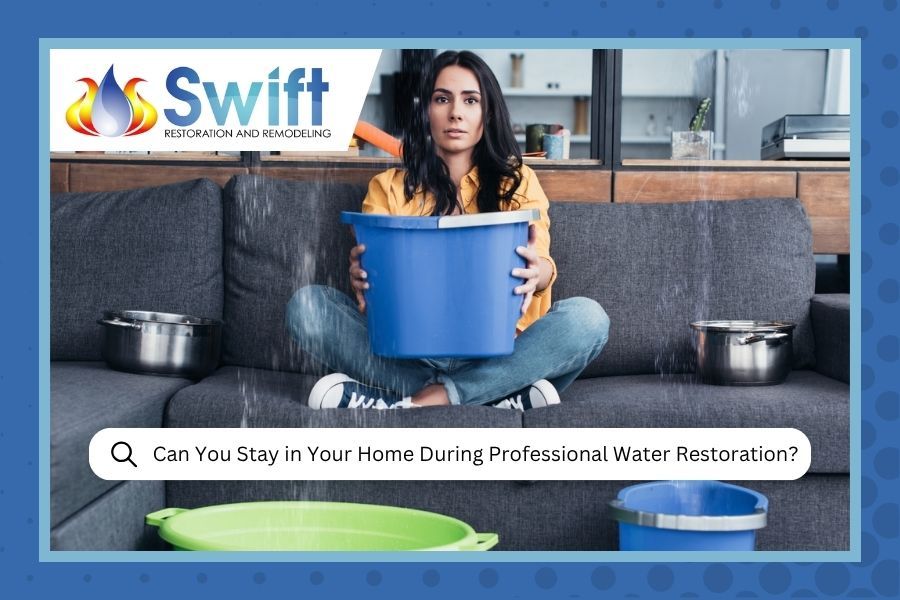 A person sits on a couch holding a blue bucket while catching leaks in several containers, with text about restoration.