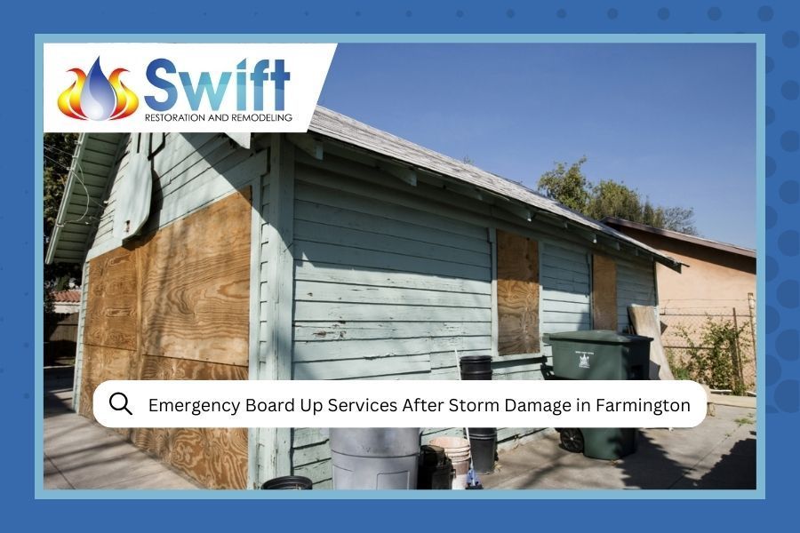 Boarded-up building after a storm, Farmington.  Swift Restoration & Remodeling logo.