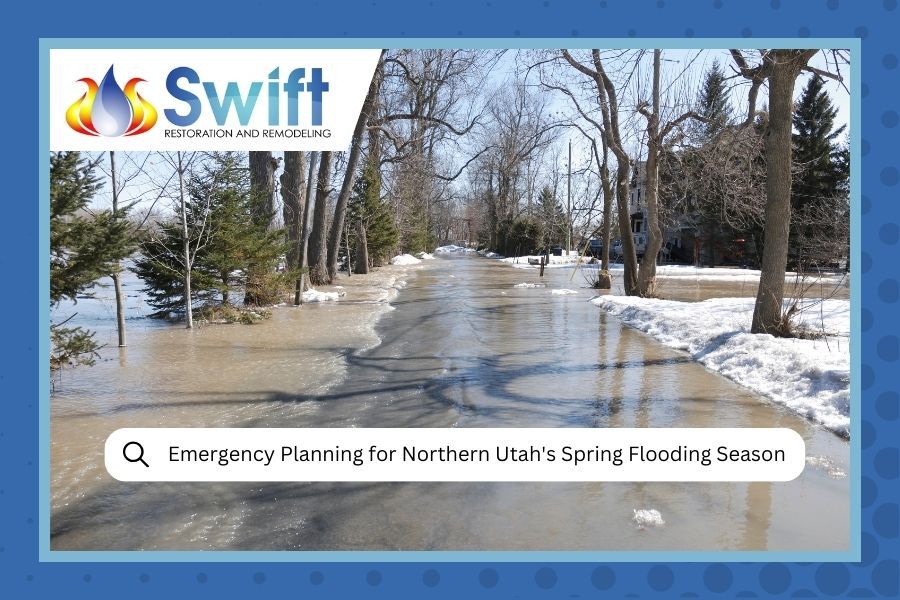 Flooded house in Utah, part of emergency planning for spring floods, with Swift logo.