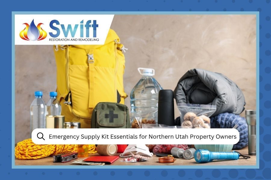 Emergency supply kit essentials on display with a yellow backpack and water bottles.