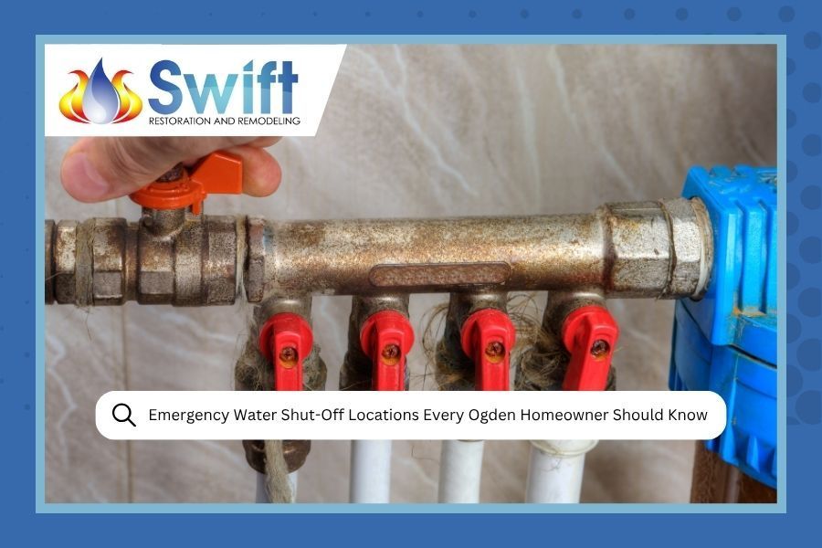 Person's hand turning orange valve on rusty water pipes. The Swift logo is in the top left.