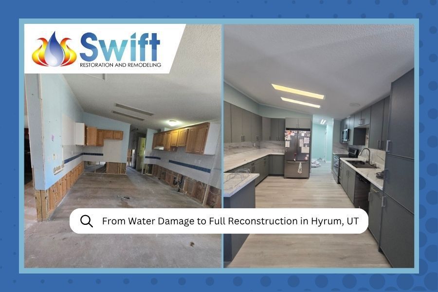 Kitchen renovation before-and-after from water damage, with gray cabinets and light wood floors