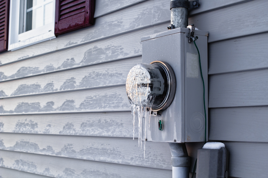 Frozen electrical utility meter covered in ice