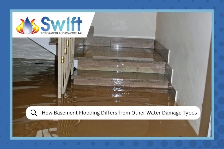 Basement flooded, covering stairs. Water damage. Blue and white logo