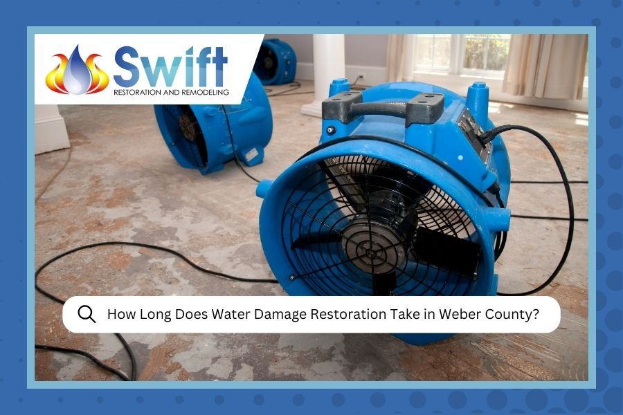 Blue fans drying a room with water damage; Swift logo on a blue background.