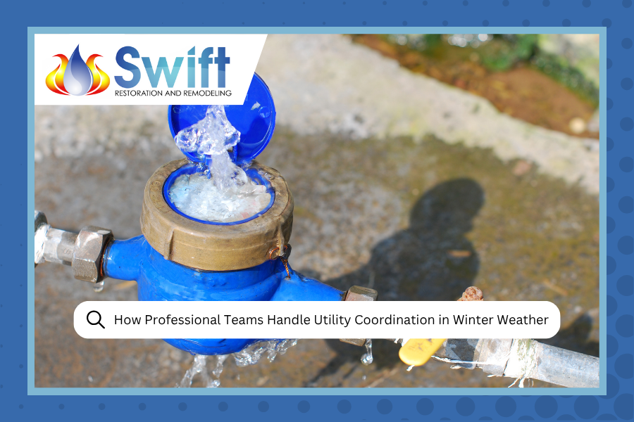 Blue water meter with water spurting out; headline 