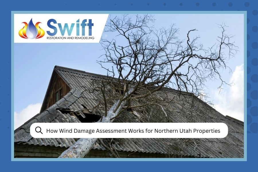 Tree fallen on roof, damage visible. Swift Restoration & Remodeling logo. Text: Wind Damage Assessment in Northern Utah.