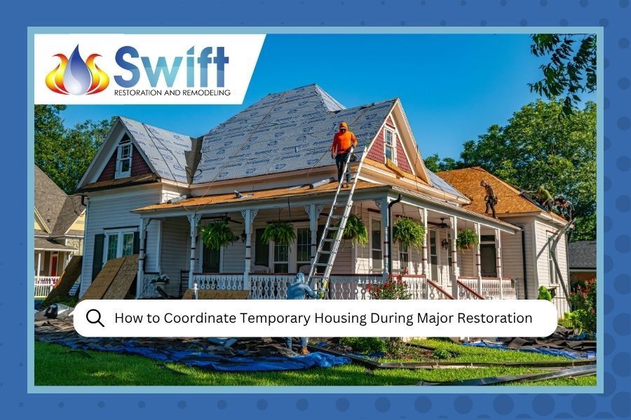 Workers on a house roof during restoration, with logo for Swift Restoration and Remodeling, text: 
