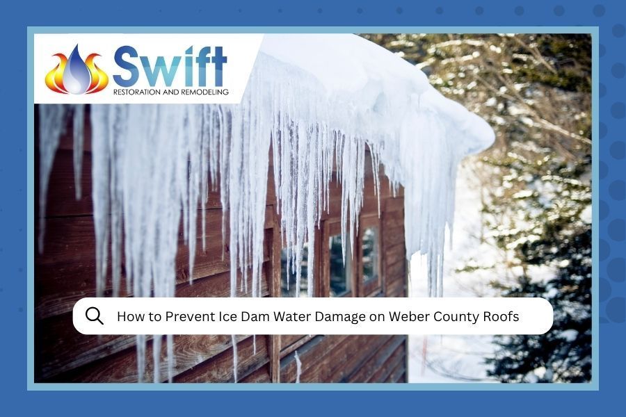 Icicles hanging from a roof with text about preventing ice dam water damage in Weber County.