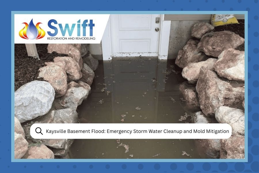 Basement flooded with storm water; rocks and door frame visible. Swift logo present.