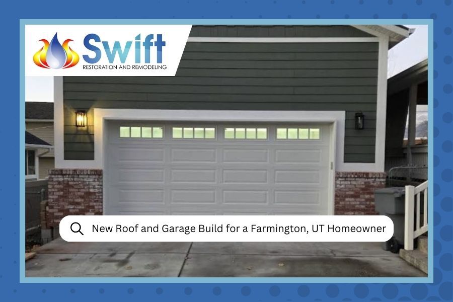 New garage and roof build in Farmington, UT, with a white garage door and green siding.