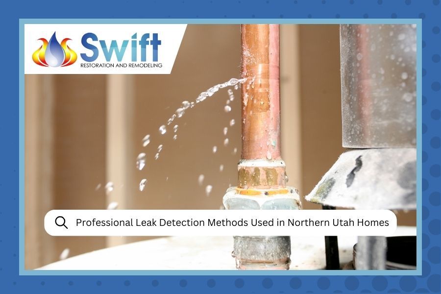 Water leaking from a copper pipe in a home. Text overlay: 