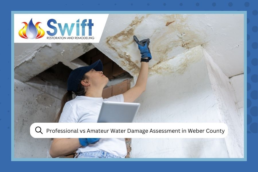 Woman assessing water damage on a ceiling in Weber County, holding a tablet.