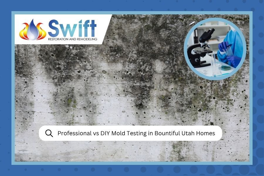 Swift promo graphic for professional VJ mold testing in beautiful Utah homes, with microscope and mold texture