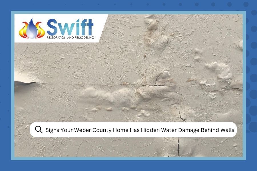 Close-up of water-damaged wall with peeling paint. Text: 