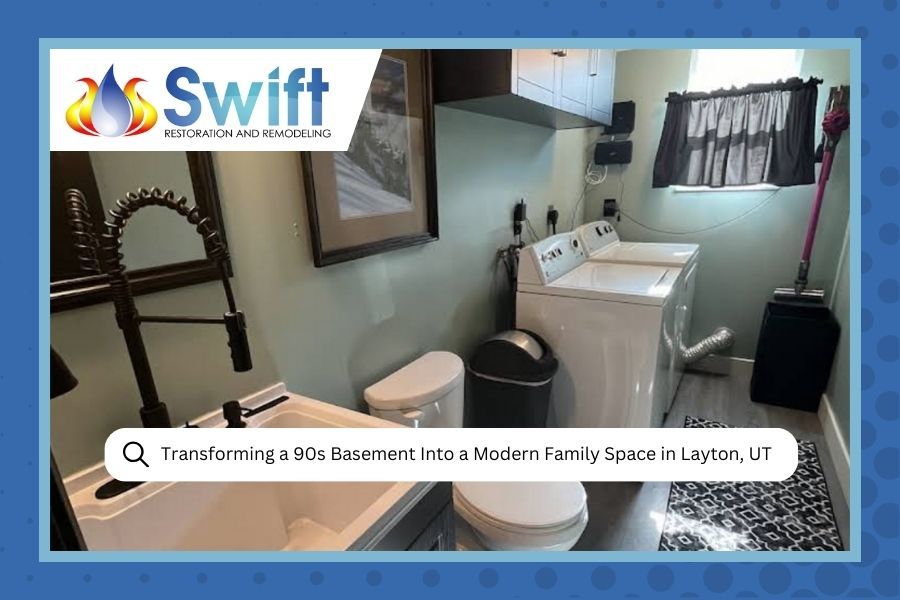 Basement laundry room remodel with sink, toilet, washer, dryer, and vacuum. The room is light green and has a dark countertop.