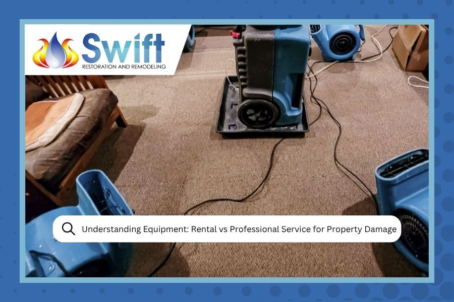 Blue drying equipment on carpet, possibly after water damage. Logo for