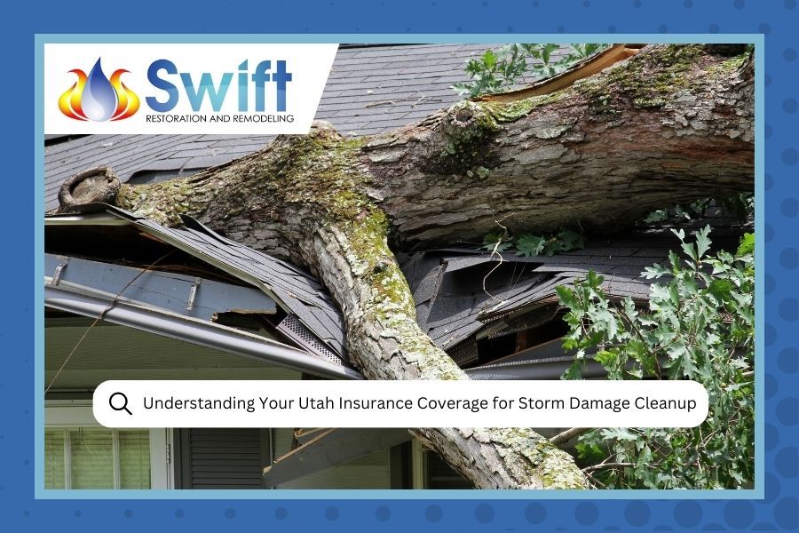 Tree fallen on a damaged roof. Swift logo, text: Understanding Your insurance coverage for Storm Damage Cleanup.