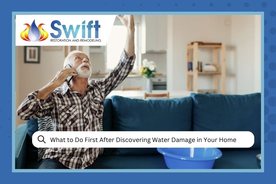 Man on phone points to ceiling leak; Swift Restoration ad.