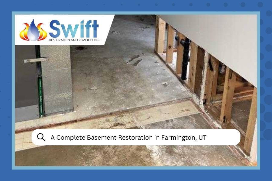 Basement restoration in Farmington, UT. Interior view of a damaged basement with exposed framing and concrete flooring.