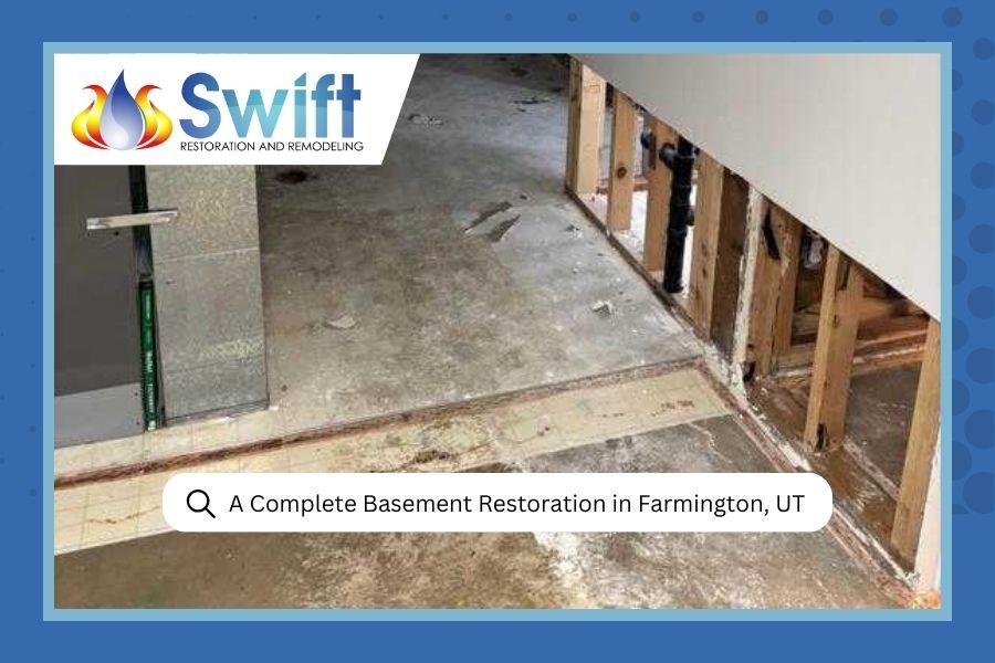 Basement restoration in Farmington, UT. Interior view of a damaged basement with exposed framing and concrete flooring.