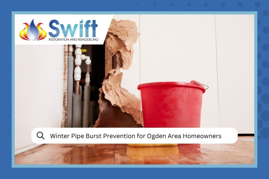 Red bucket catching water from burst pipe, promoting winter pipe burst prevention in Ogden area.