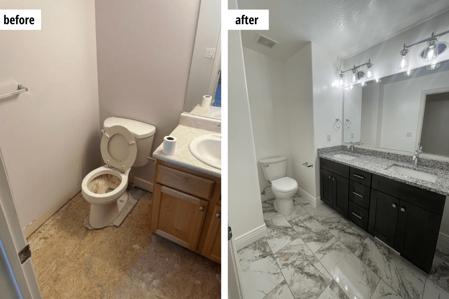 before and after picture of bathroom that was restored after the water damage in Ogden