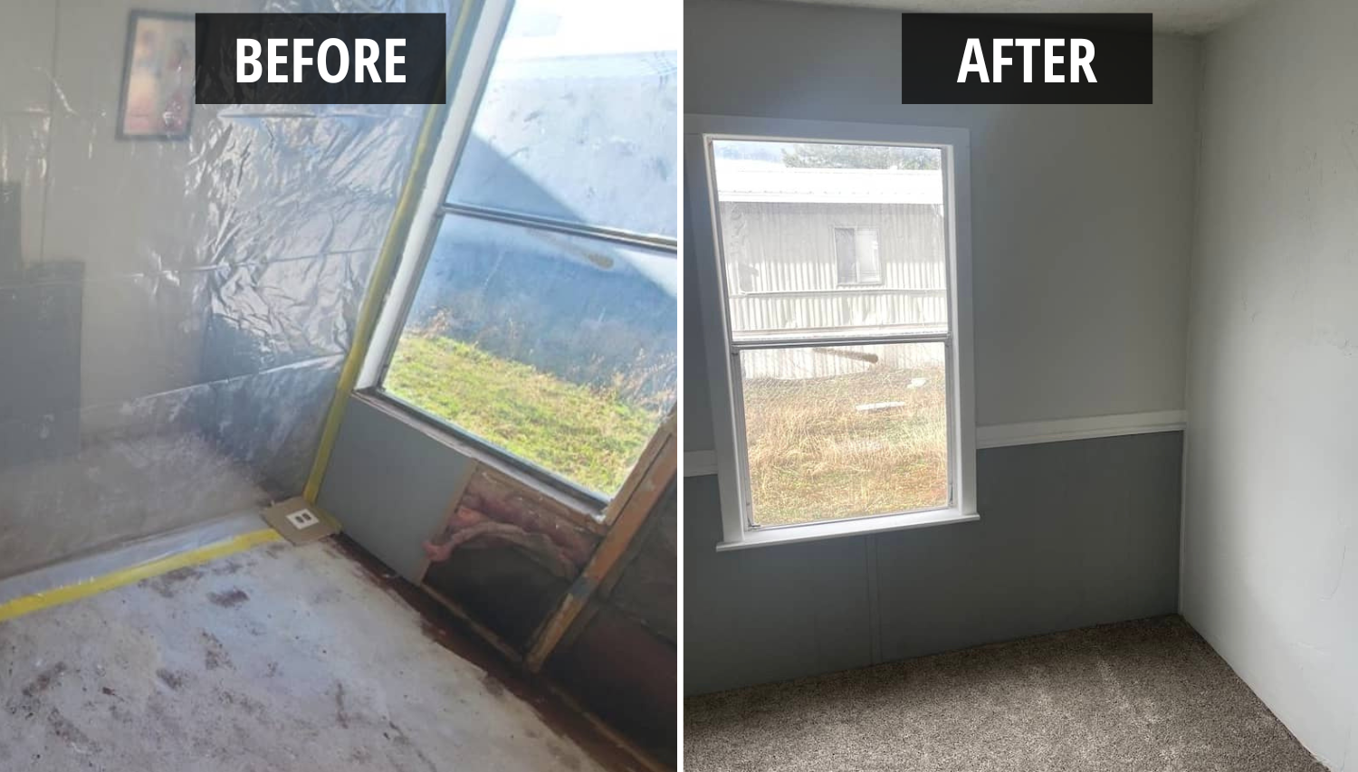 before after picture of a living room that got the water damage restoration services in Ogden