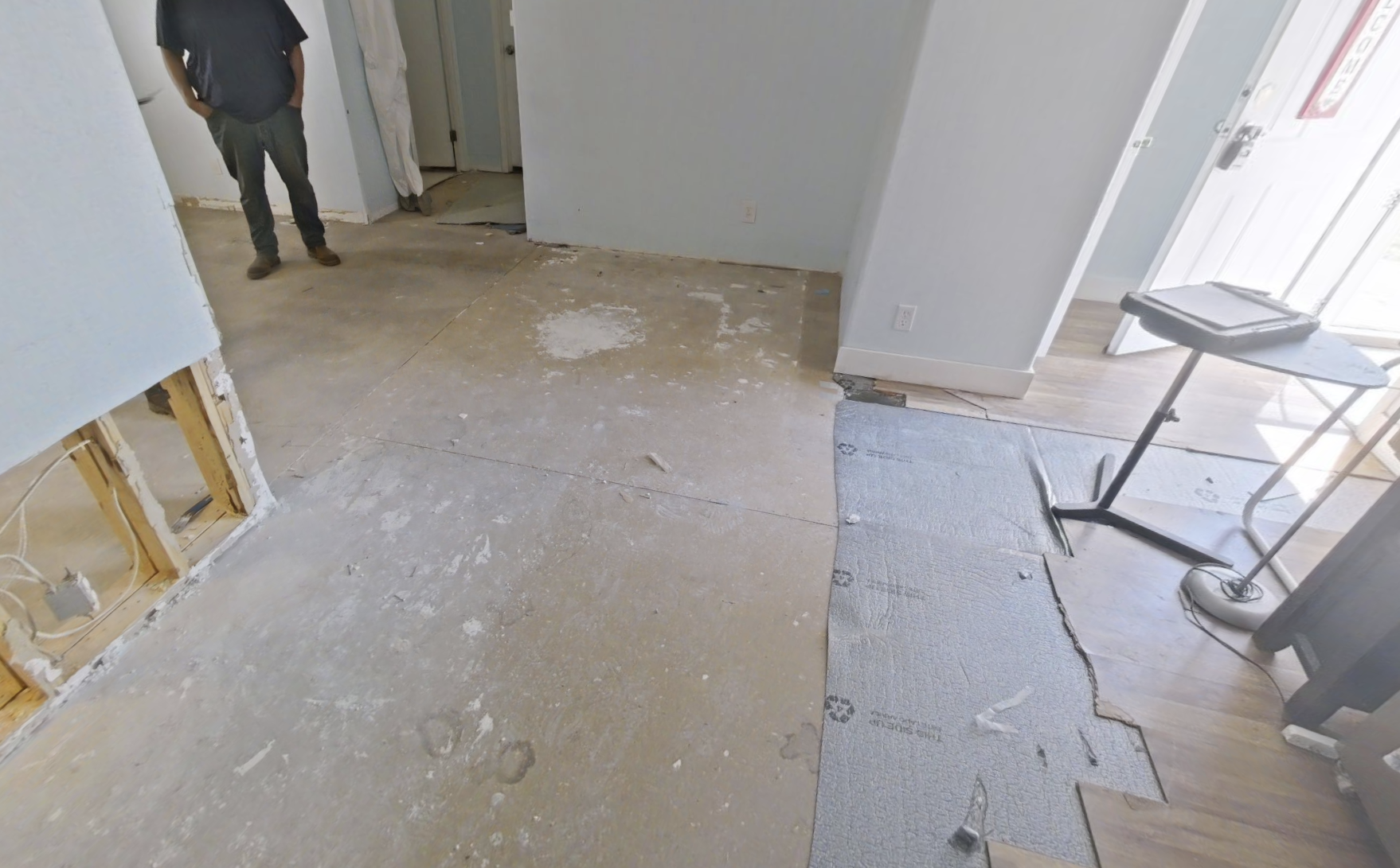 Living room demo showing extent of water damage