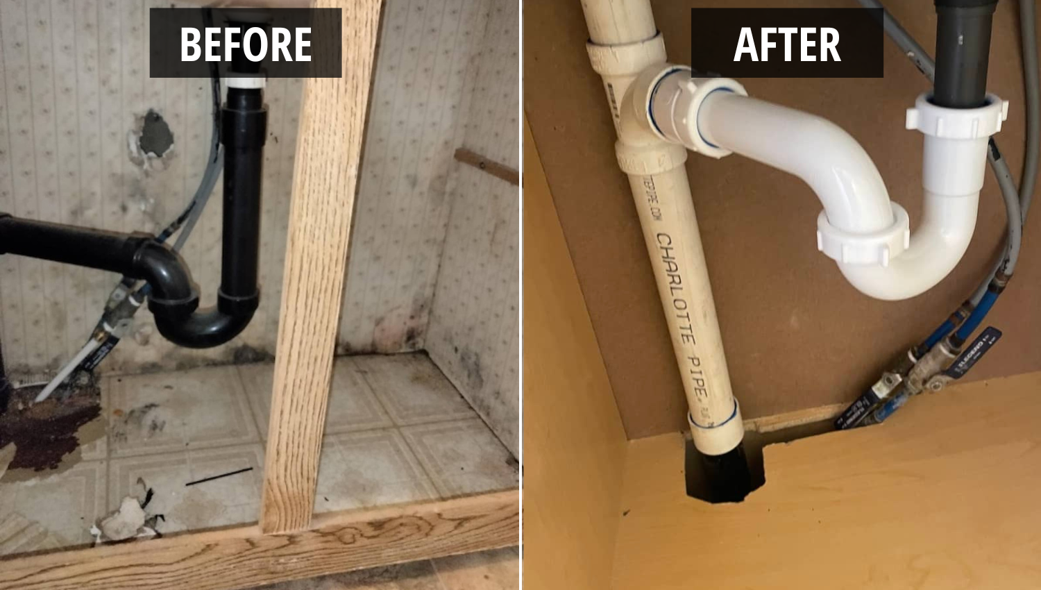 before and after pictures of kitchen sink that was restored by Swift Restoration and Remodeling in Ogden