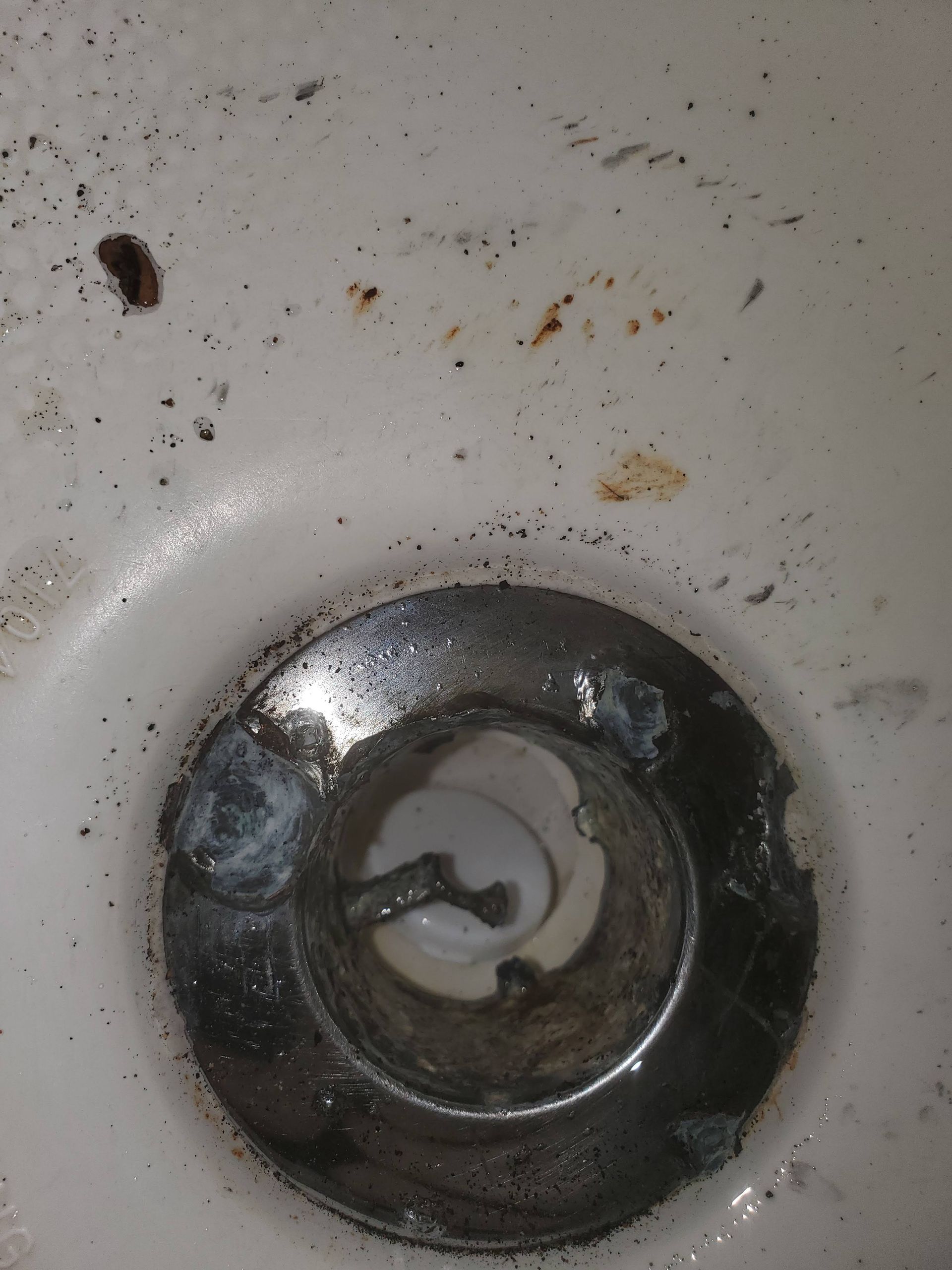 Close-up of a dirty sink drain with debris and stains surrounding the opening.
