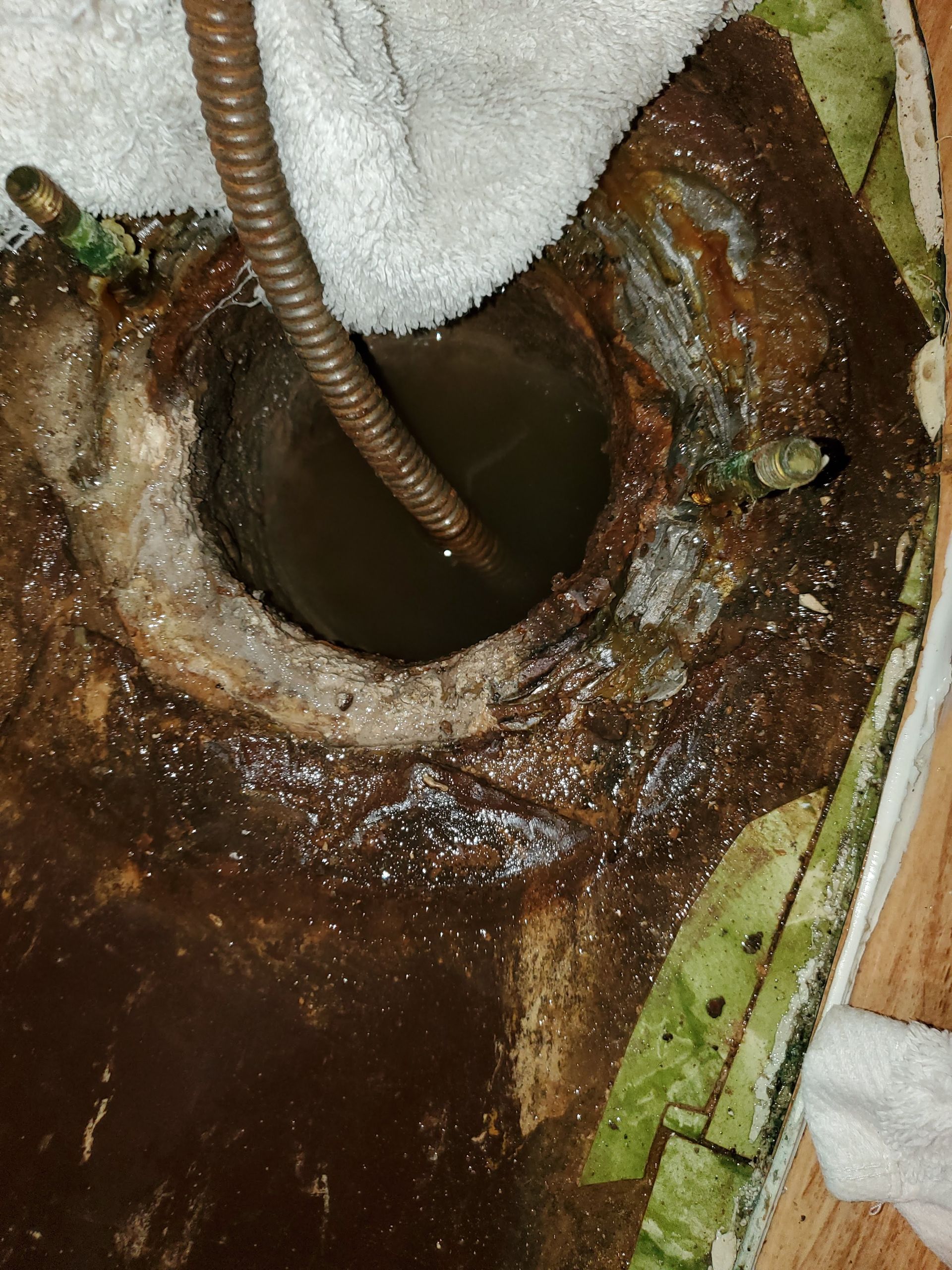 Rust-covered water tank opening with a snake inserted; brown liquid and corroded metal are visible.