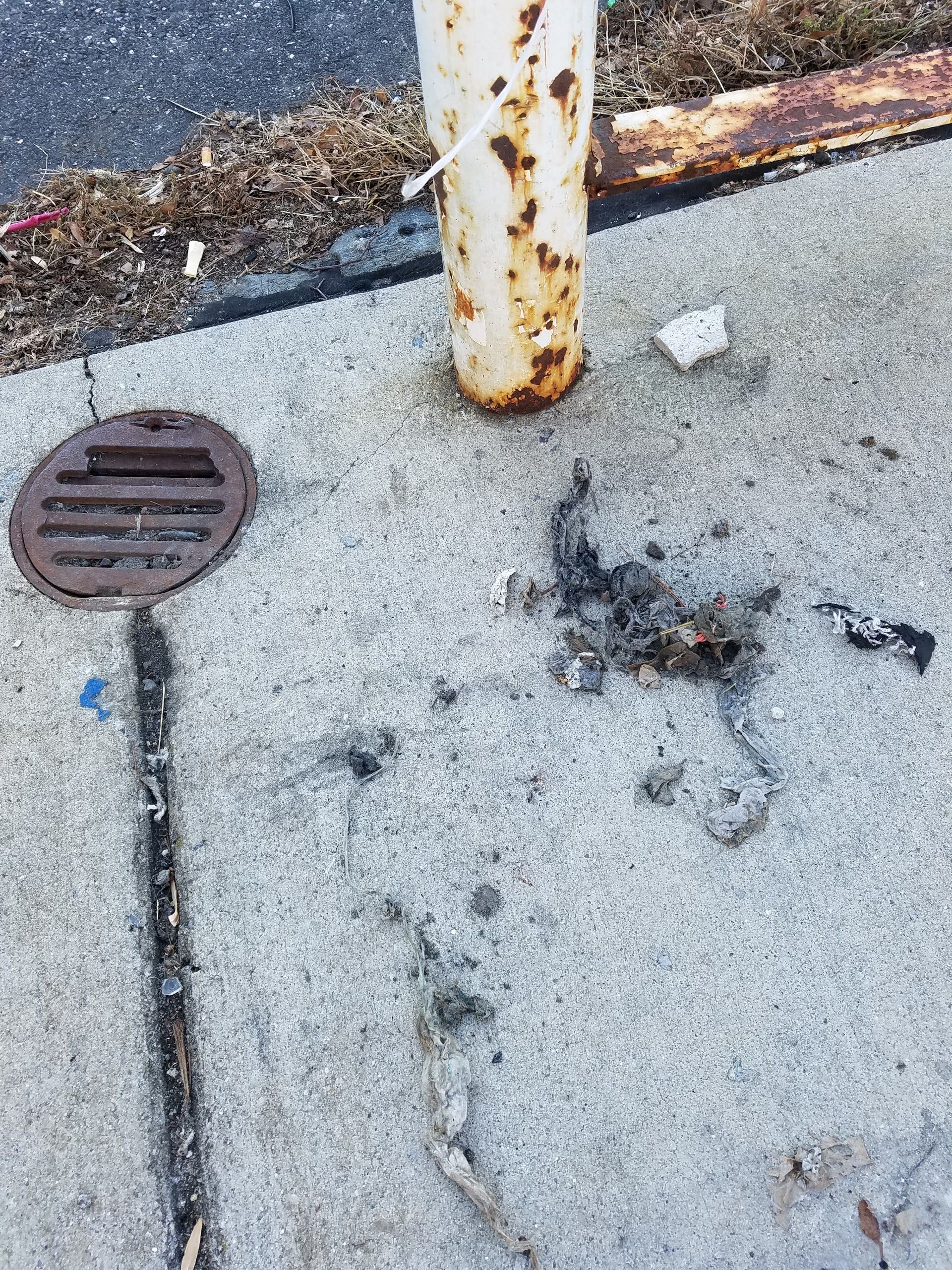 Rusty metal pole and drain, with debris on concrete sidewalk.
