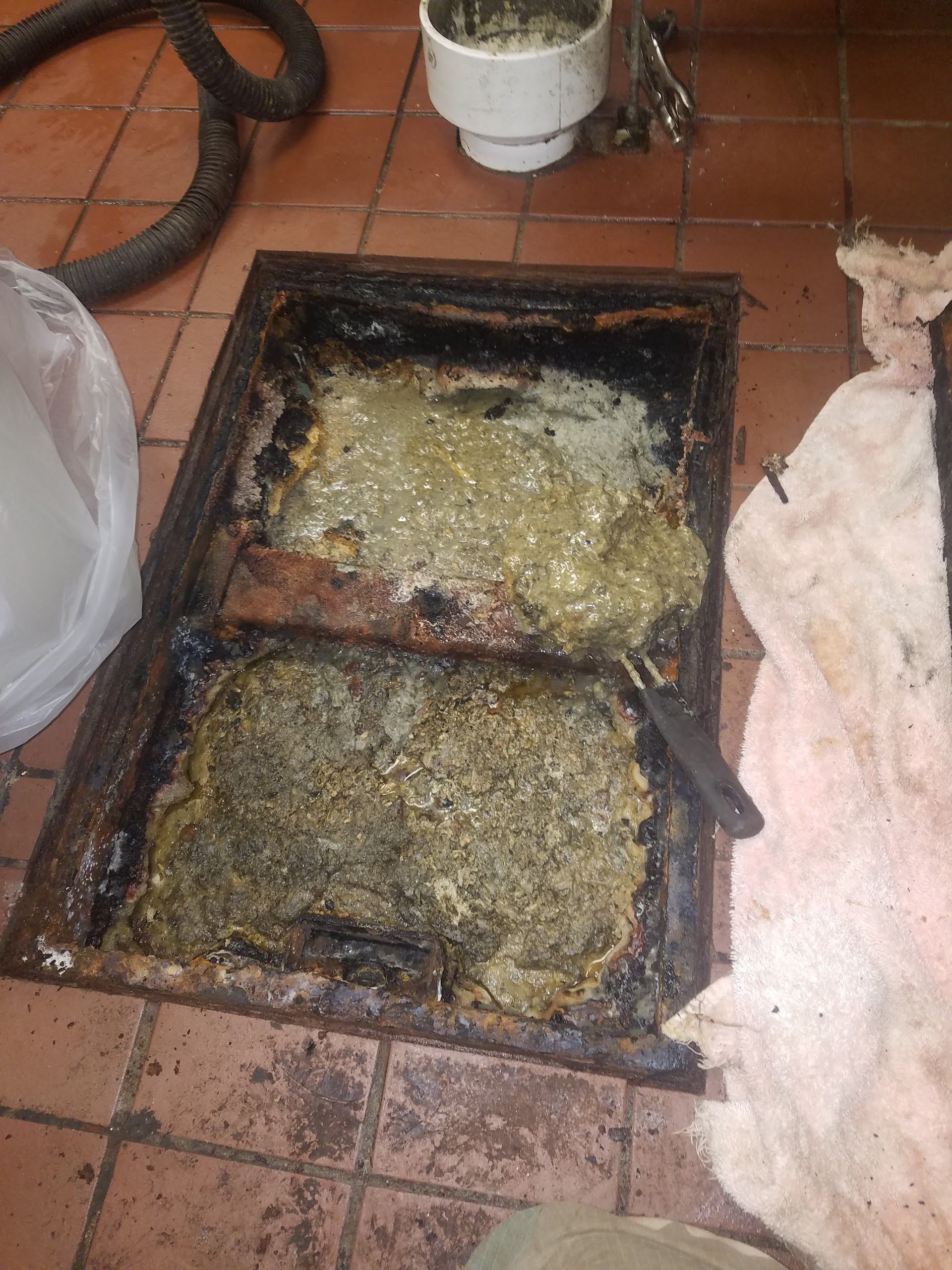 Grease-clogged floor drain in a commercial kitchen;  yellowish-brown gunk filling a rectangular metal frame on tiled floor.