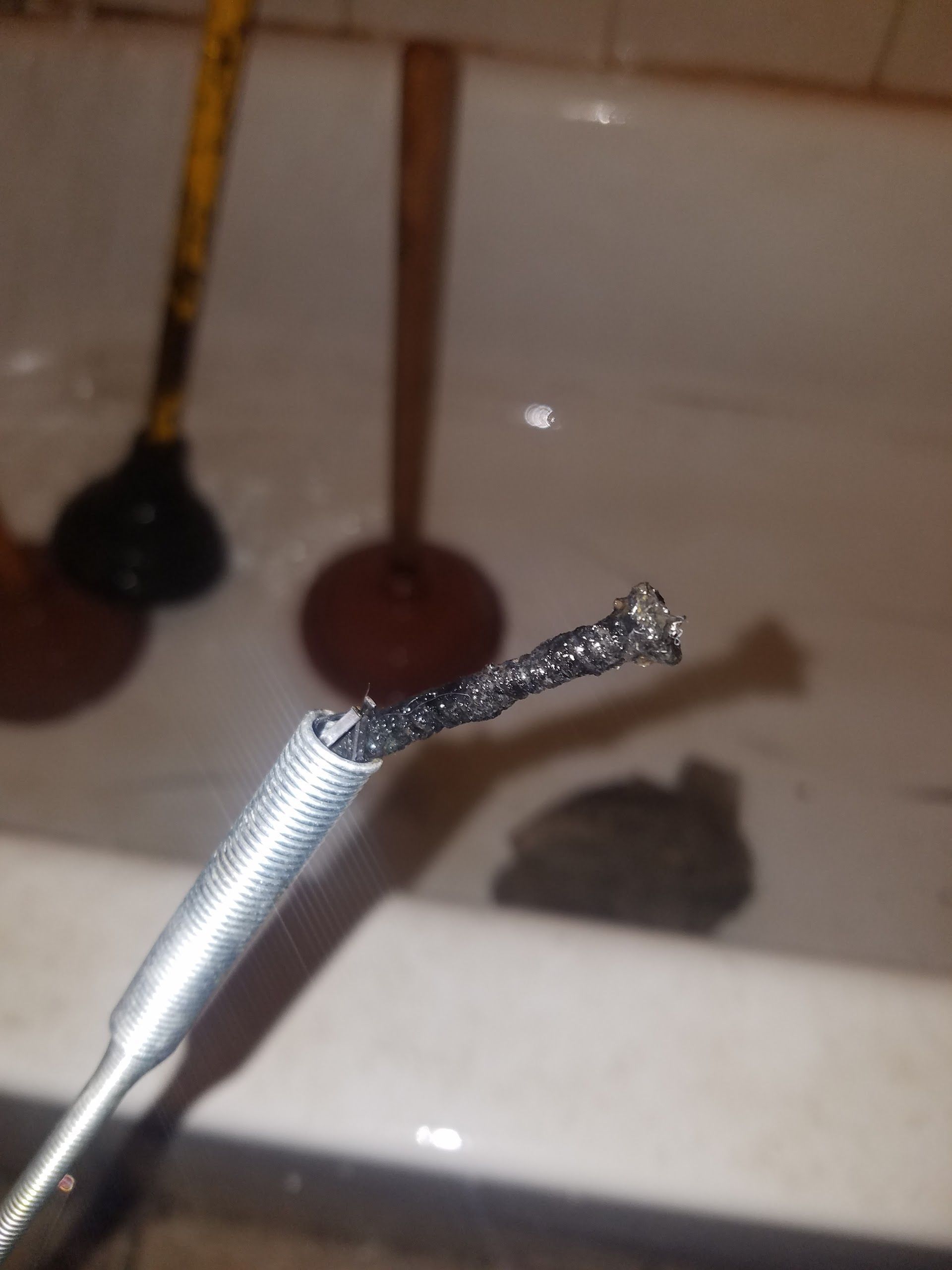 Metal plumbing snake with black debris, in a bathroom with a plunger.