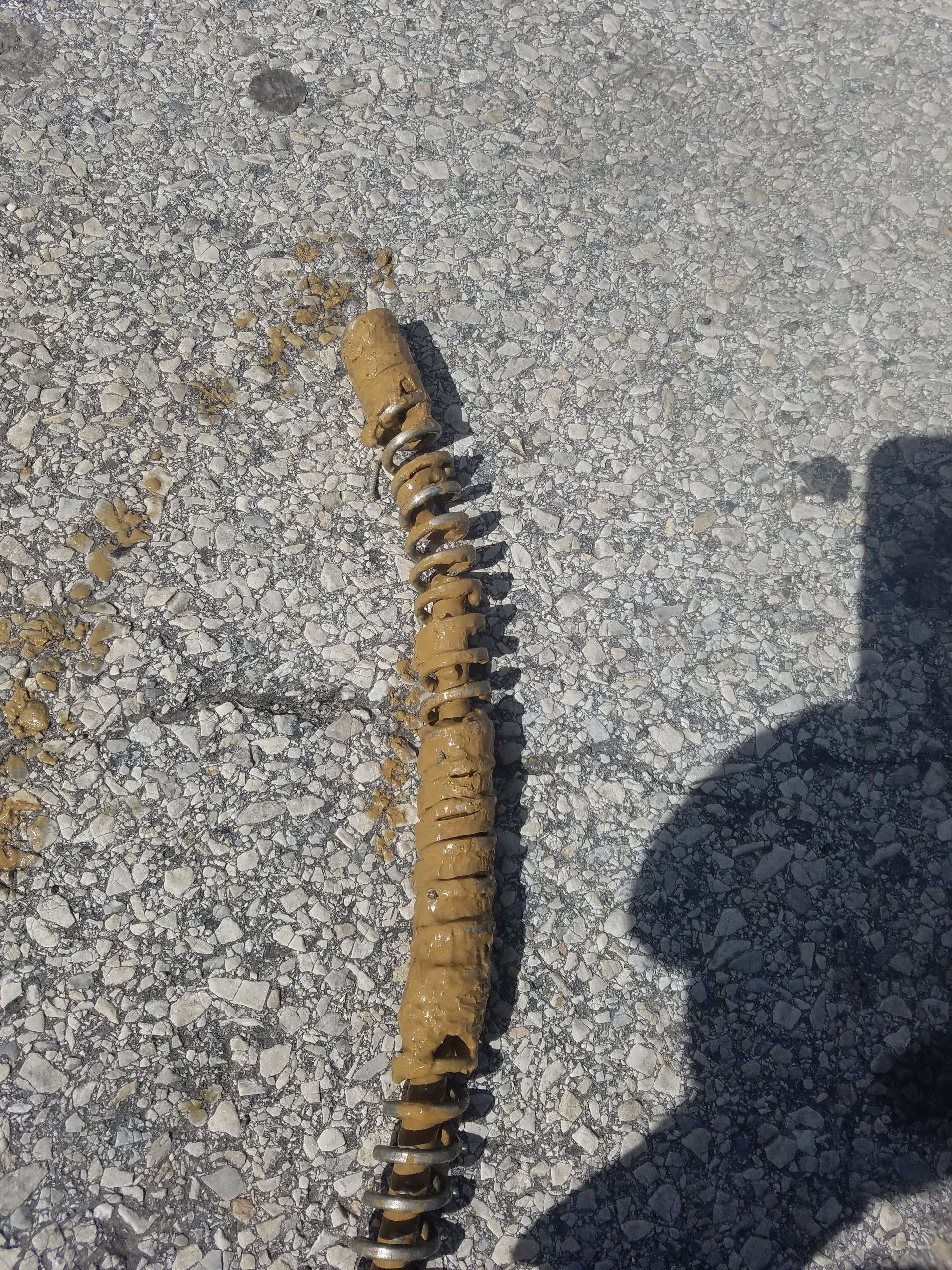 Coiled drain snake covered in thick, brown debris on gray asphalt.