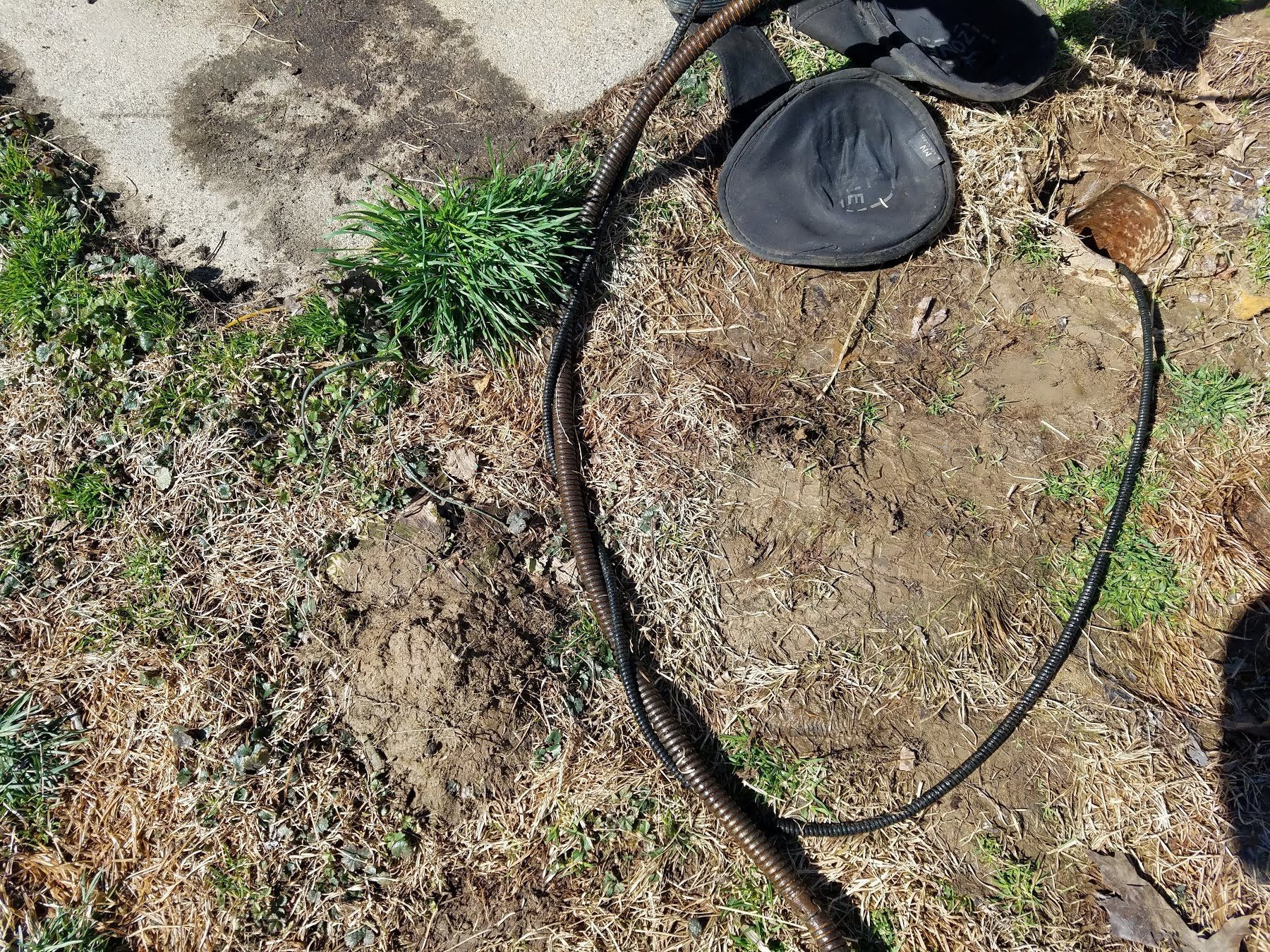 Black hose on dirt and grass next to a concrete slab. A person's shoe is on the slab.