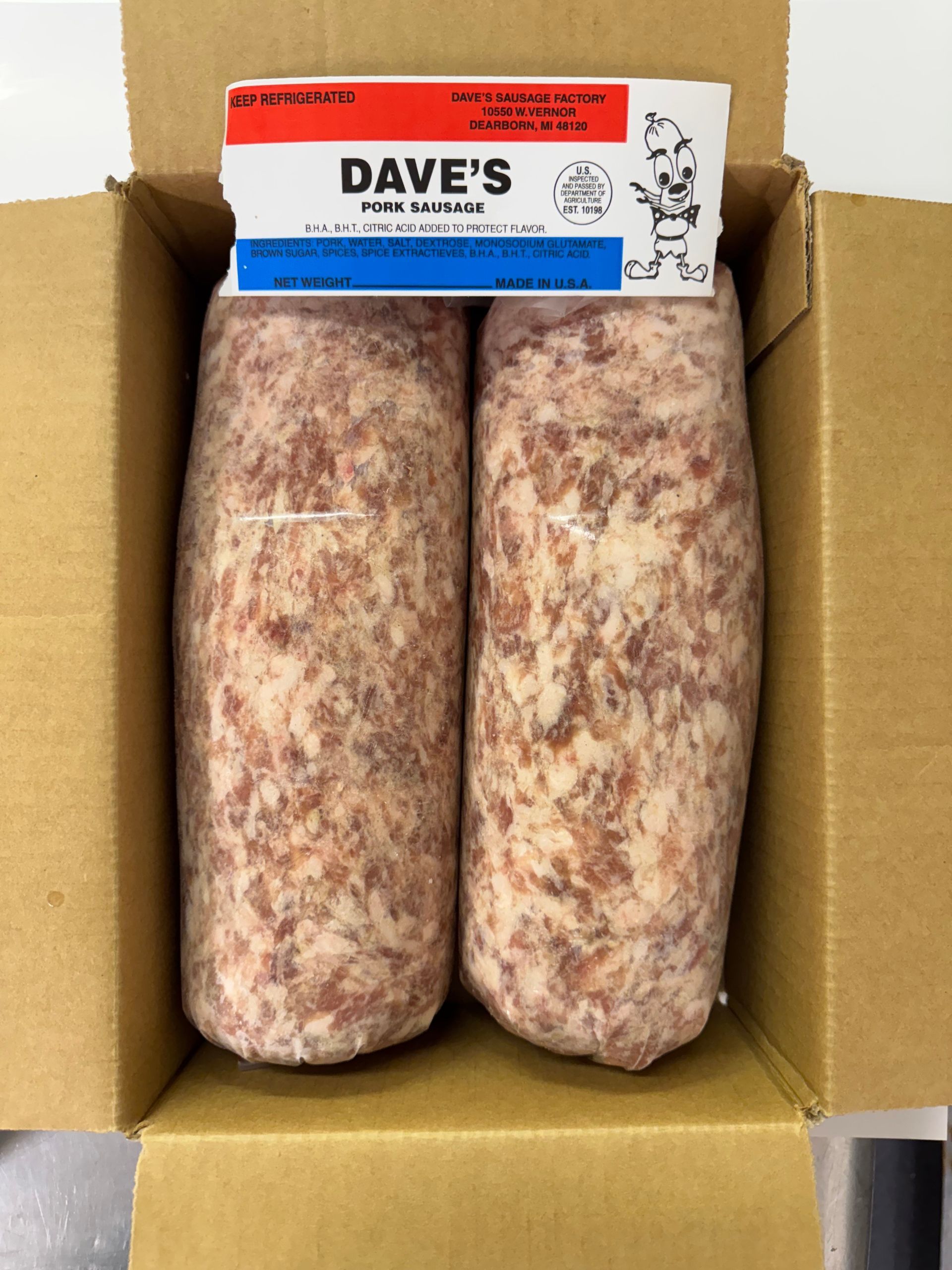 Two Pork Sausages in a box