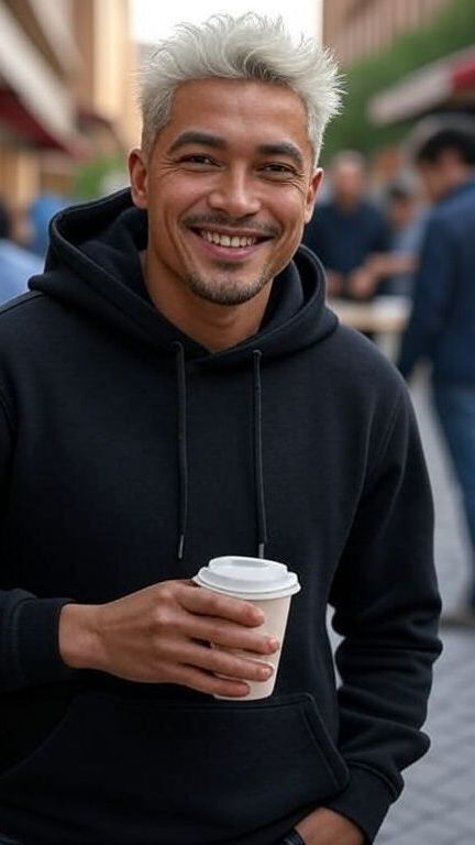 A man in a black hoodie is holding a cup of coffee.