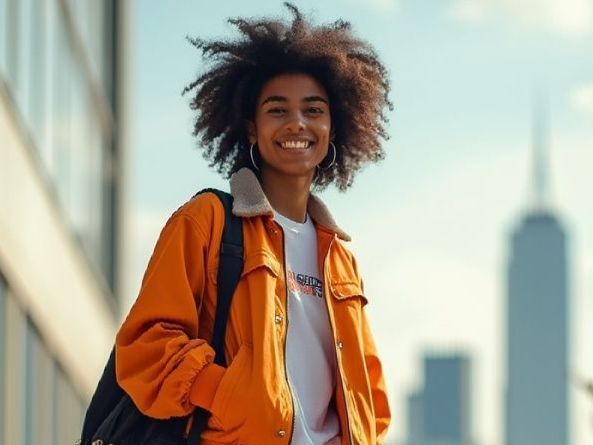 A woman with curly hair is wearing an orange jacket and carrying a backpack.
