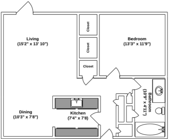 Floor Plan: 1 Bed · 1 Bath · 690 SQ. FT.