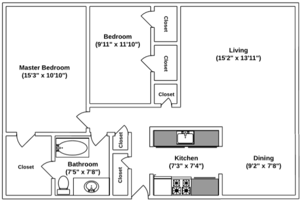 Floor Plan: 2 Bed · 1 Bath · 888 SQ. FT.