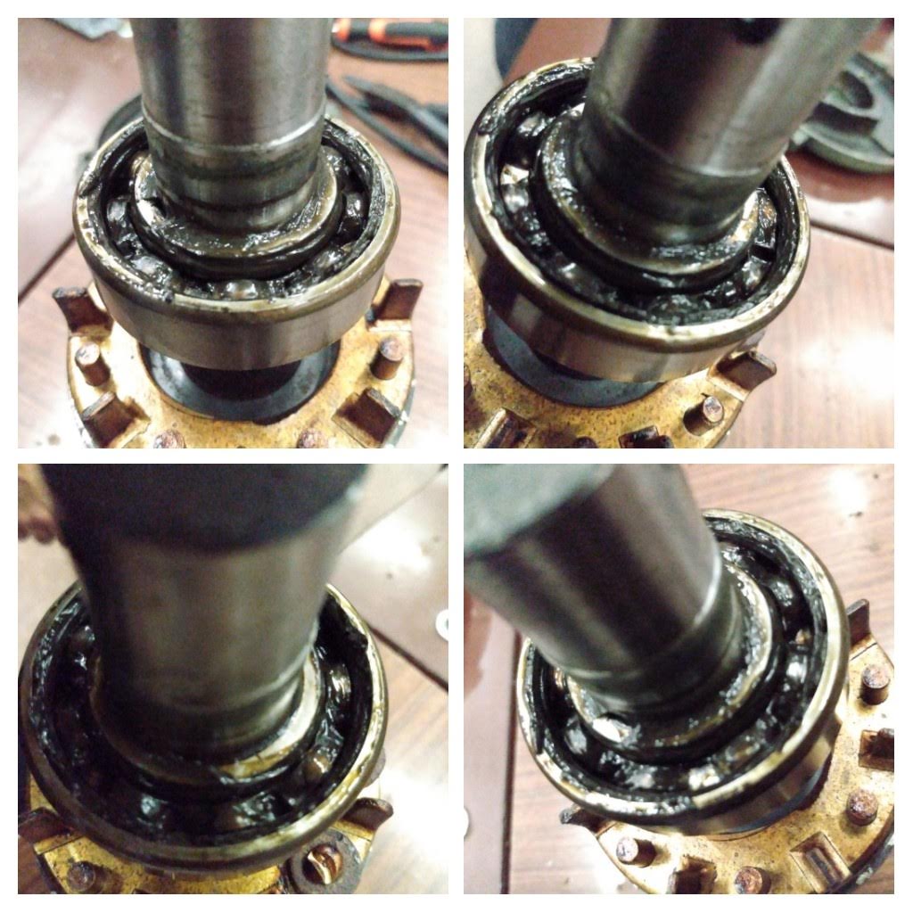 Cuatro vistas en primer plano de un cojinete metálico en el eje de una máquina, que muestran signos de desgaste y lubricante viejo y oscuro.