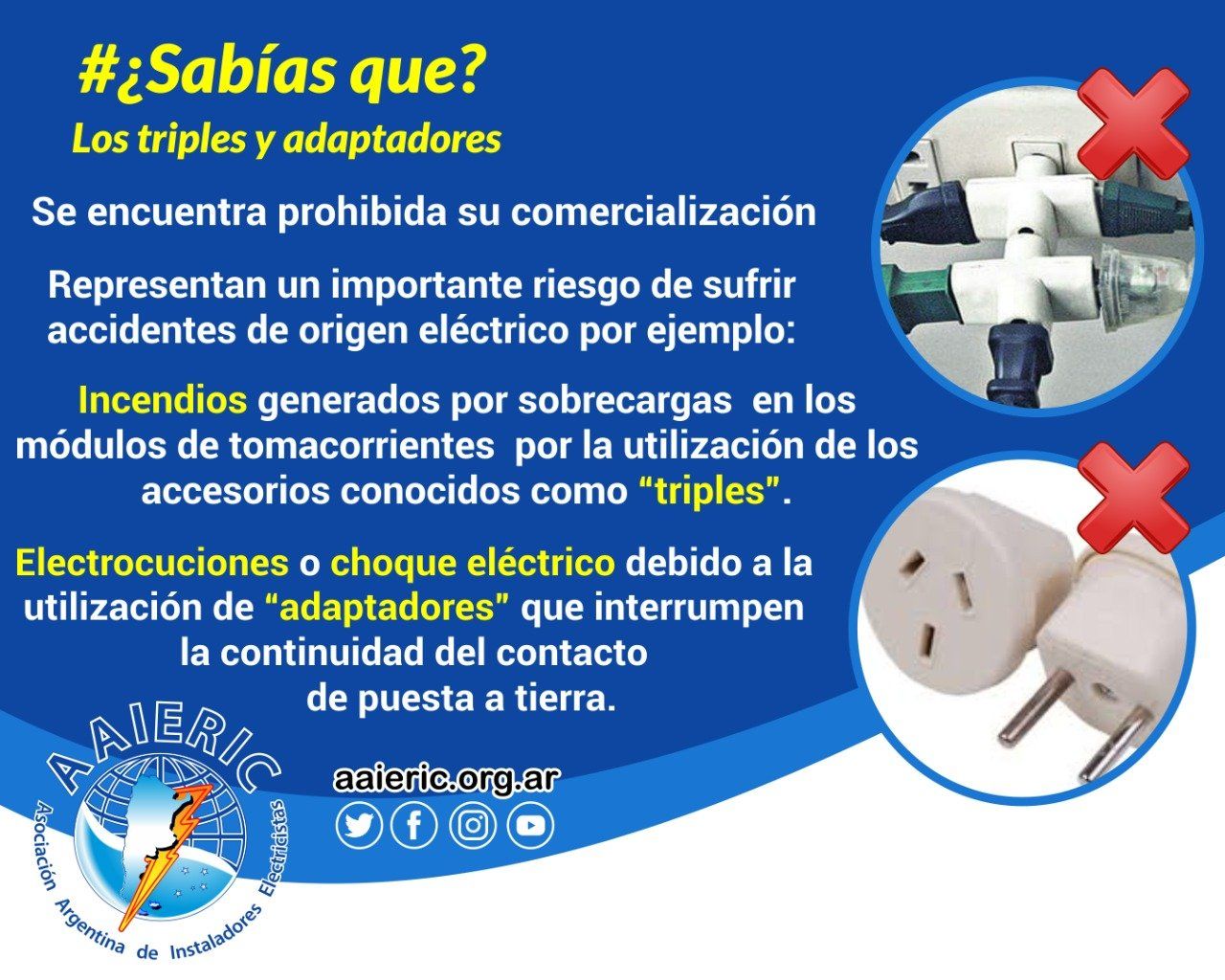 Infografía que advierte sobre el uso de regletas y adaptadores, citando riesgos de incendio y electrocución debido a un diseño inseguro.