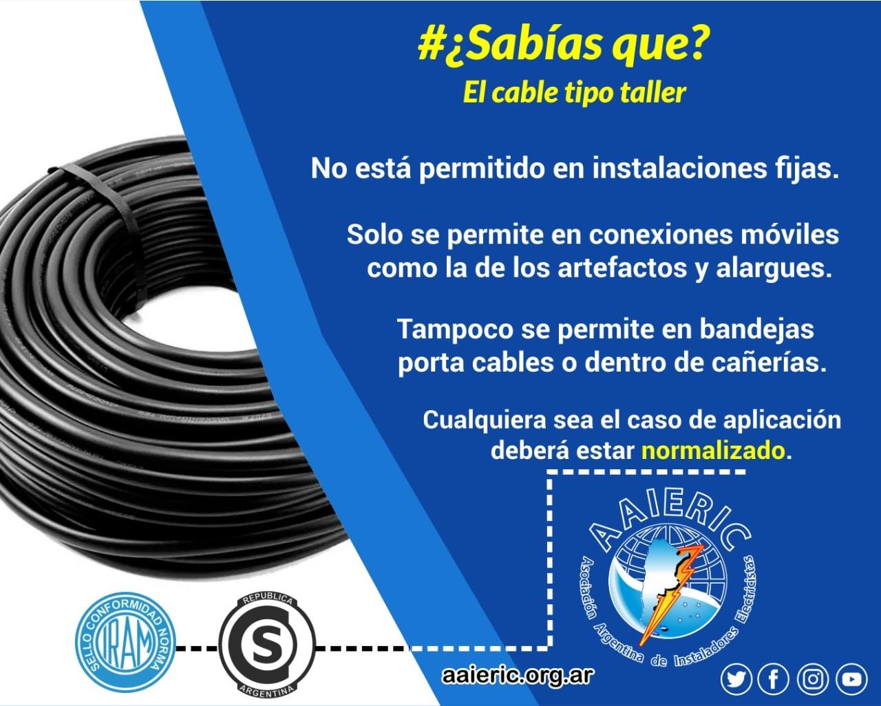 Una infografía indica que el cable tipo taller no es para instalaciones fijas, sino solo para aparatos portátiles y cables de extensión.