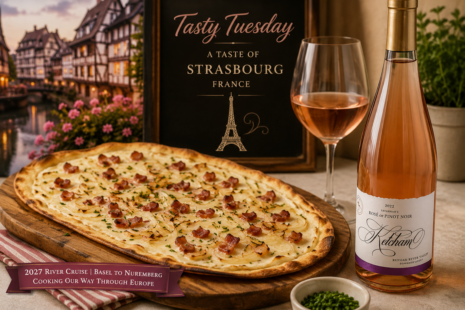 Tasty Tuesday - Strasbourg-Inspired Tarte Flambée Pizza and wine on a table with a Strasbourg, France sign and a scenic street backdrop