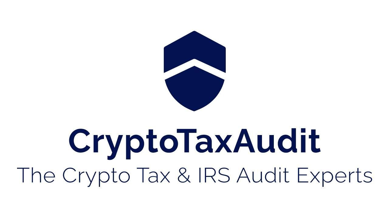 Logo for CryptoTaxAudit: navy shield with arrow, text below: 