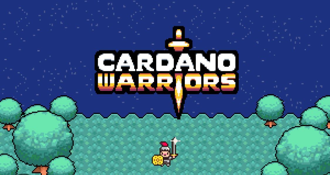 Cardano Warriors game title over pixelated warrior with shield and spear in a forest setting.